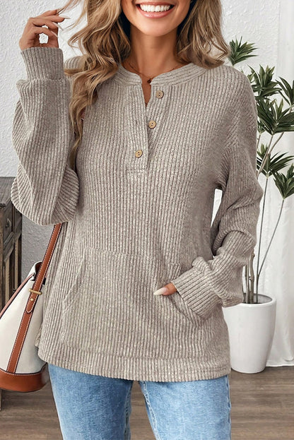 Simply Taupe Ribbed Texture Drop Shoulder Henley Knit Top
