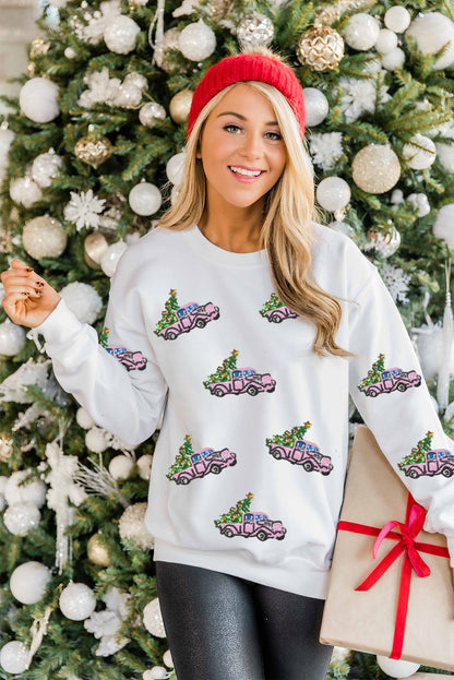 Beige A Truck of Christmas Tree Christmas Fashion Graphic Sweatshirt