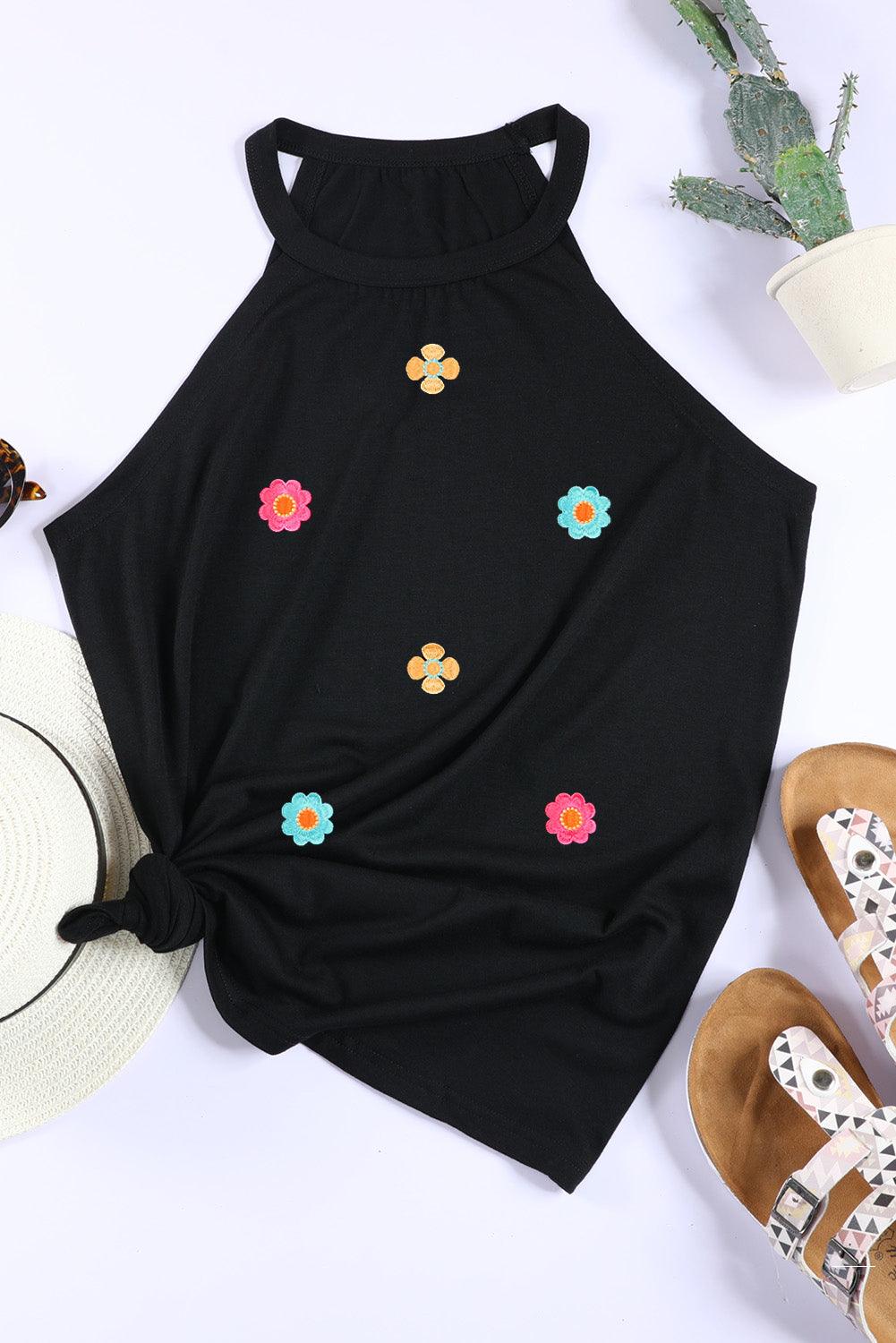 Black Sweet Floral Embroidery Casual Tank Top