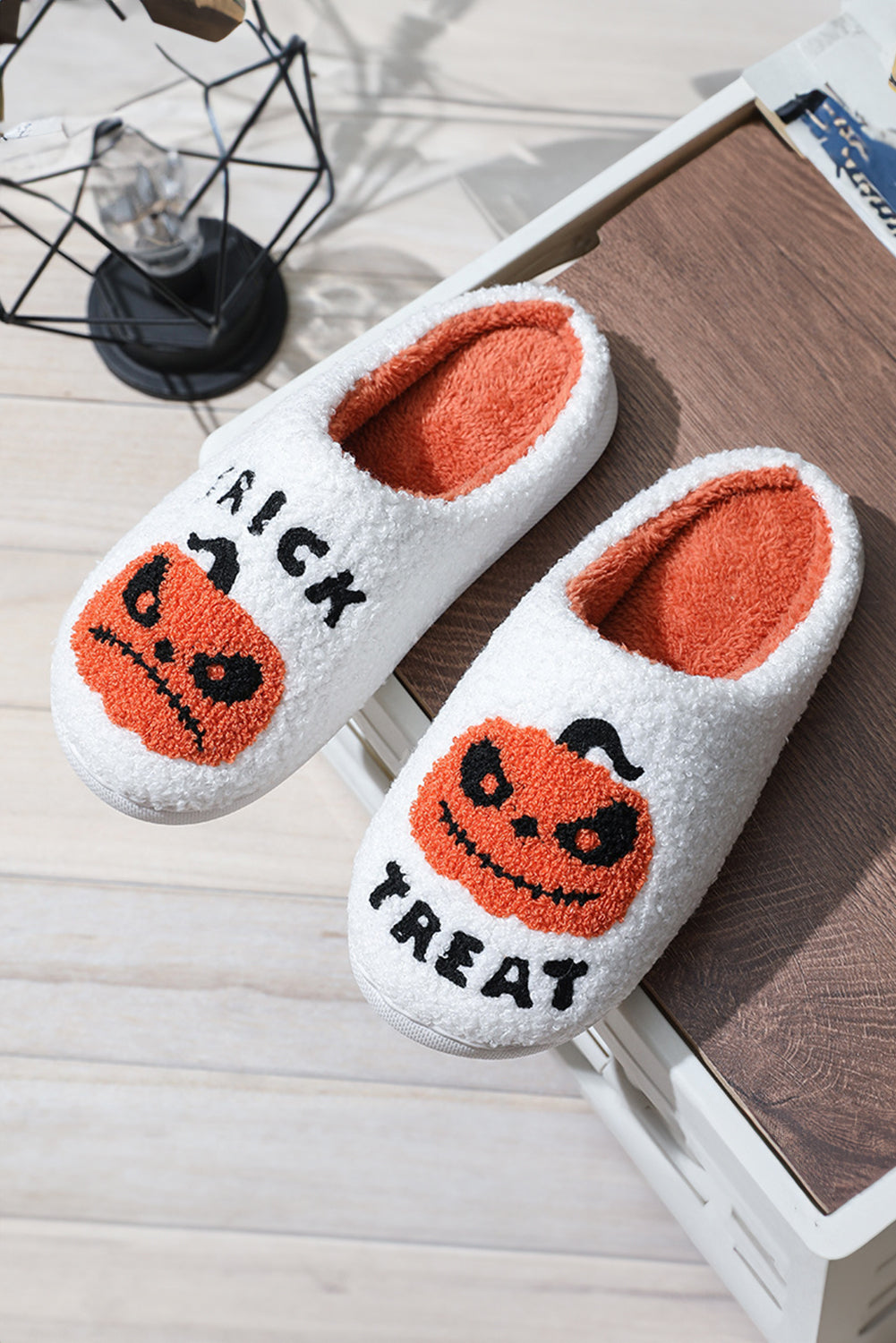 White Halloween Pumpkin Trick Or Treat Plush Slippers