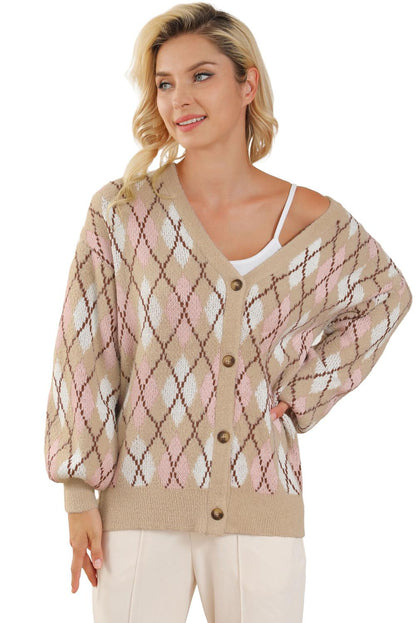 Multicolour Rhombus Pattern Knit Sweater Cardigan - L & M Kee, LLC