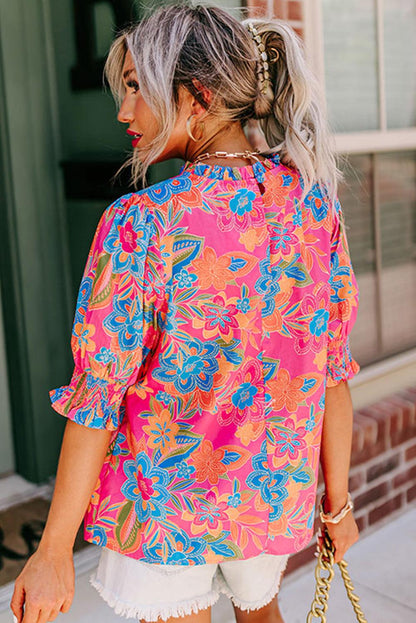 Rose Frilly Mock Neck Short Puff Sleeve Floral Blouse - L & M Kee, LLC