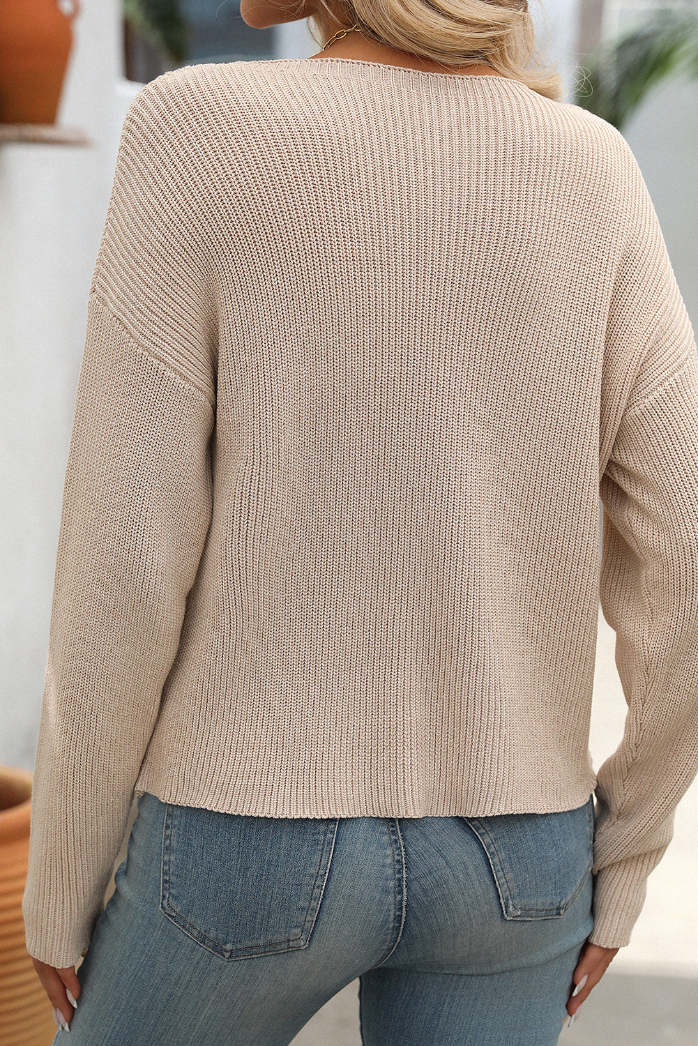 Apricot Solid Color Drop Shoulder Chest Pocket Sweater