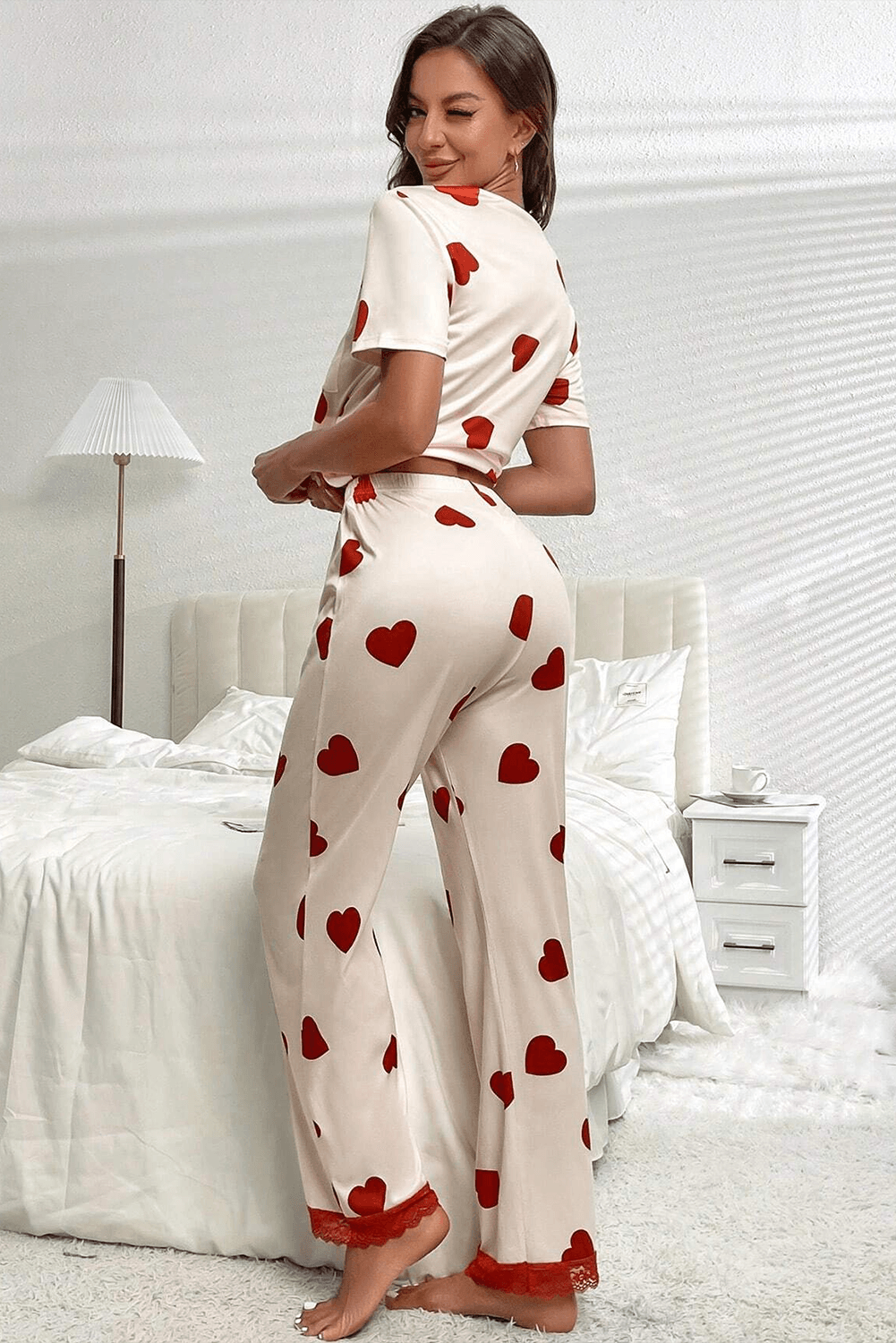 White Valentines Heart Print Lace Hem Tee Pants Pajama Set - L & M Kee, LLC