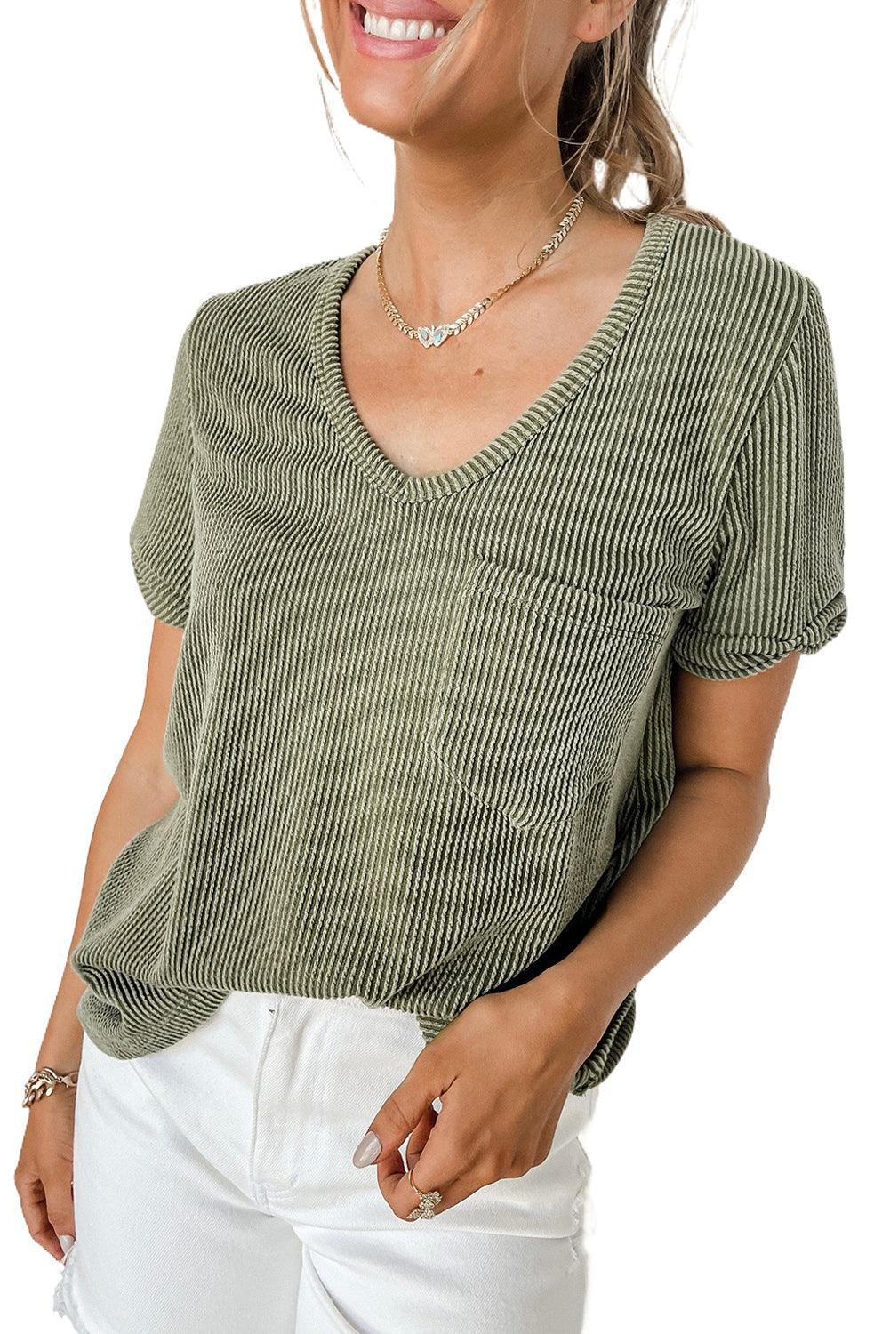 Laurel Green Twist Short Sleeve Corded V Neck Top - L & M Kee, LLC