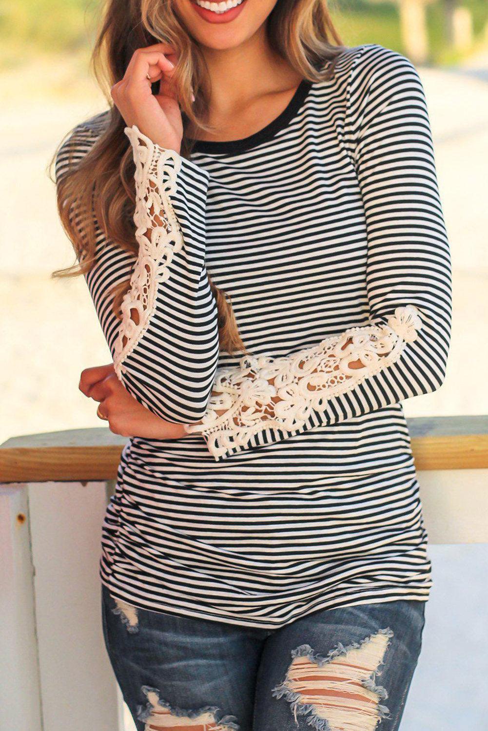 Black Stripe Lace Crochet Long Sleeve Top - L & M Kee, LLC