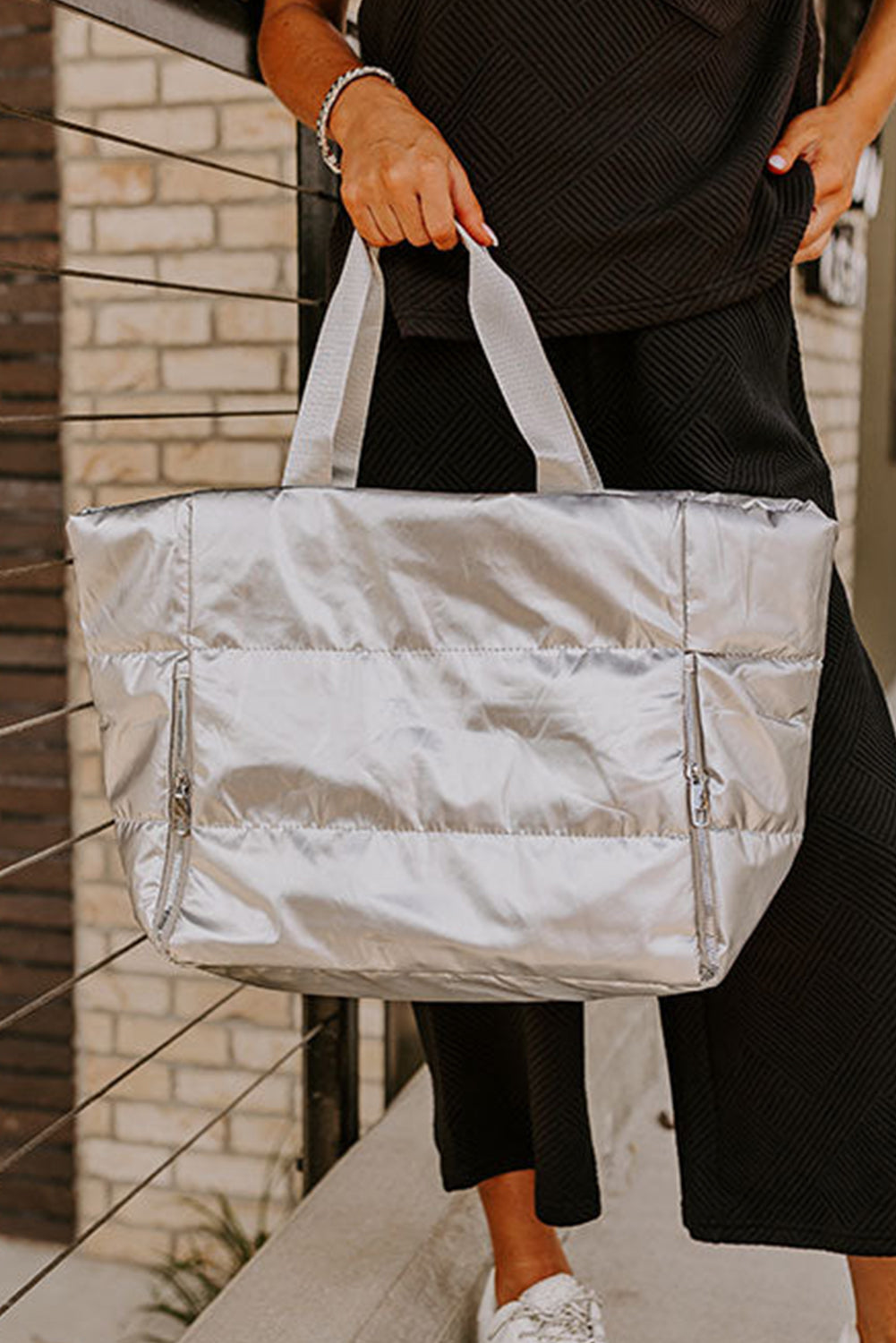 Silvery Solid Zipper Puffer Large Tote Bag