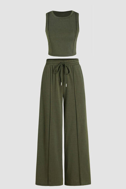 Jungle Green Solid Sleeveless Crop Top and Wide Leg Pants Set - L & M Kee, LLC