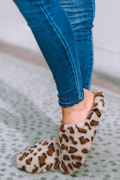 Camel Leopard Print Fuzzy Home Slippers - L & M Kee, LLC