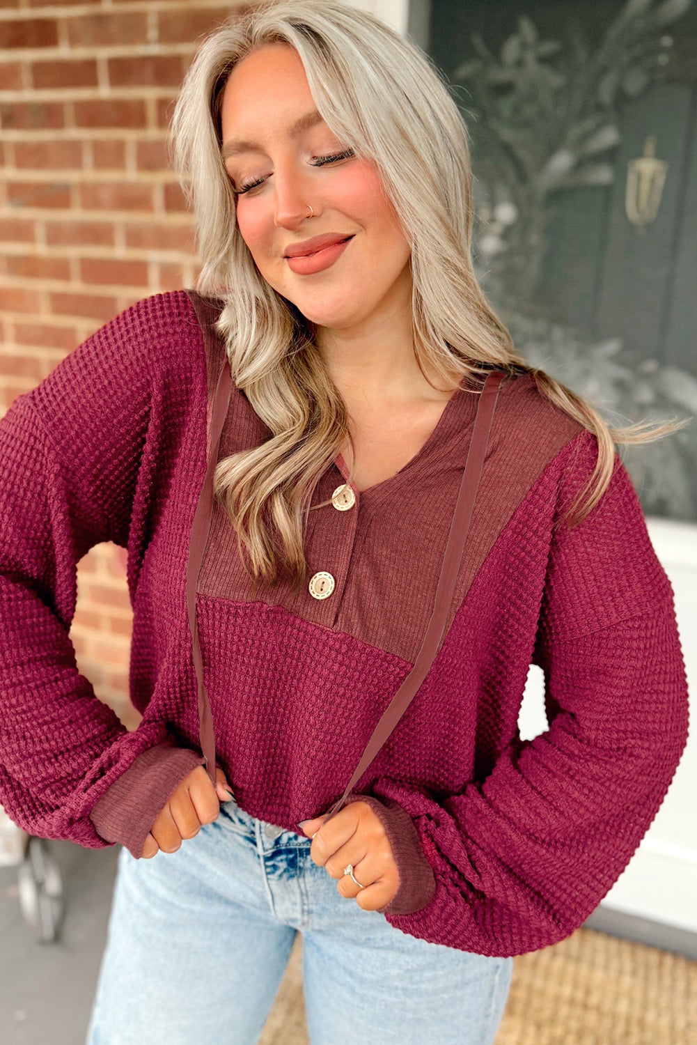 Oatmeal Waffle Patchwork Drop Shoulder Hooded Long Sleeve Top