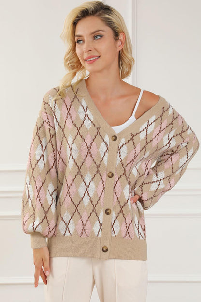 Multicolour Rhombus Pattern Knit Sweater Cardigan - L & M Kee, LLC