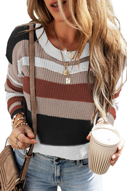 Taupe Classic Round Neck Colorblock Knit Sweater - L & M Kee, LLC