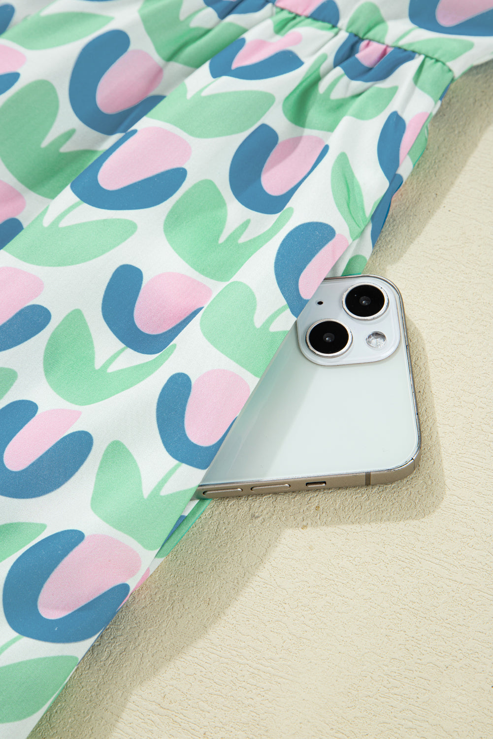 Green Floral Print Notched Neck Scalloped Detail Long Sleeve Mini Dress