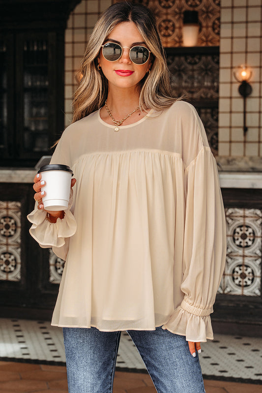Parchment Pleated Ruffle Long Sleeve Chiffon Blouse