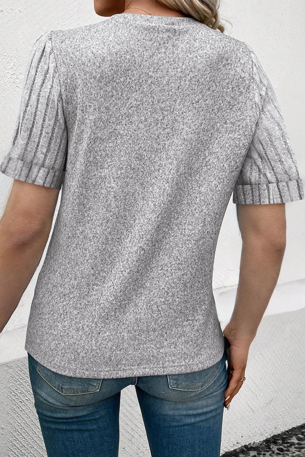 Gray Ribbed Splicing Sleeve Round Neck T-shirt - L & M Kee, LLC