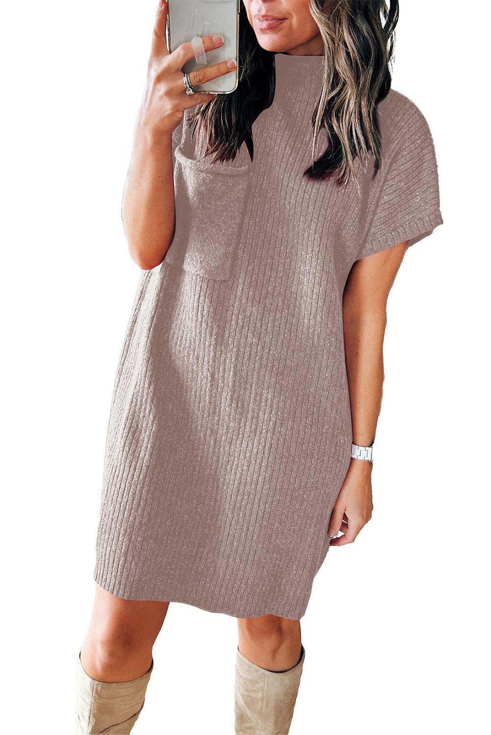 Simply Taupe Patch Pocket Ribbed Knit Short Sleeve Sweater Dress - L & M Kee, LLC