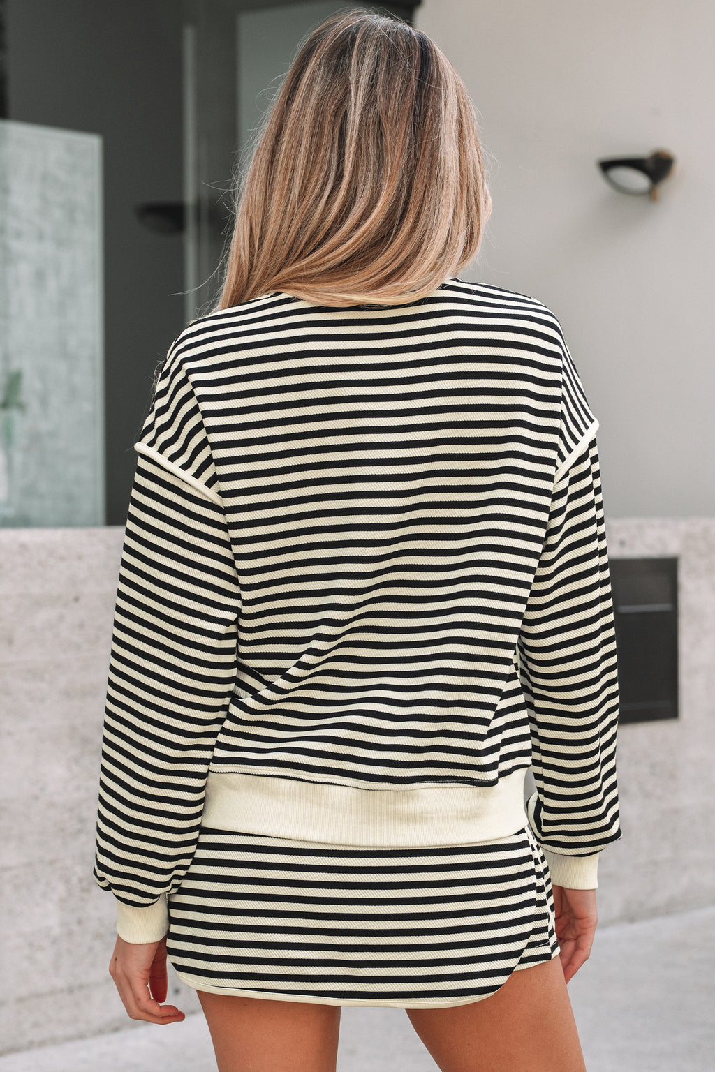 Black Stripe Textured Drop Shoulder Pullover Top Drawstring Mini Skirt Two Piece Dress Set