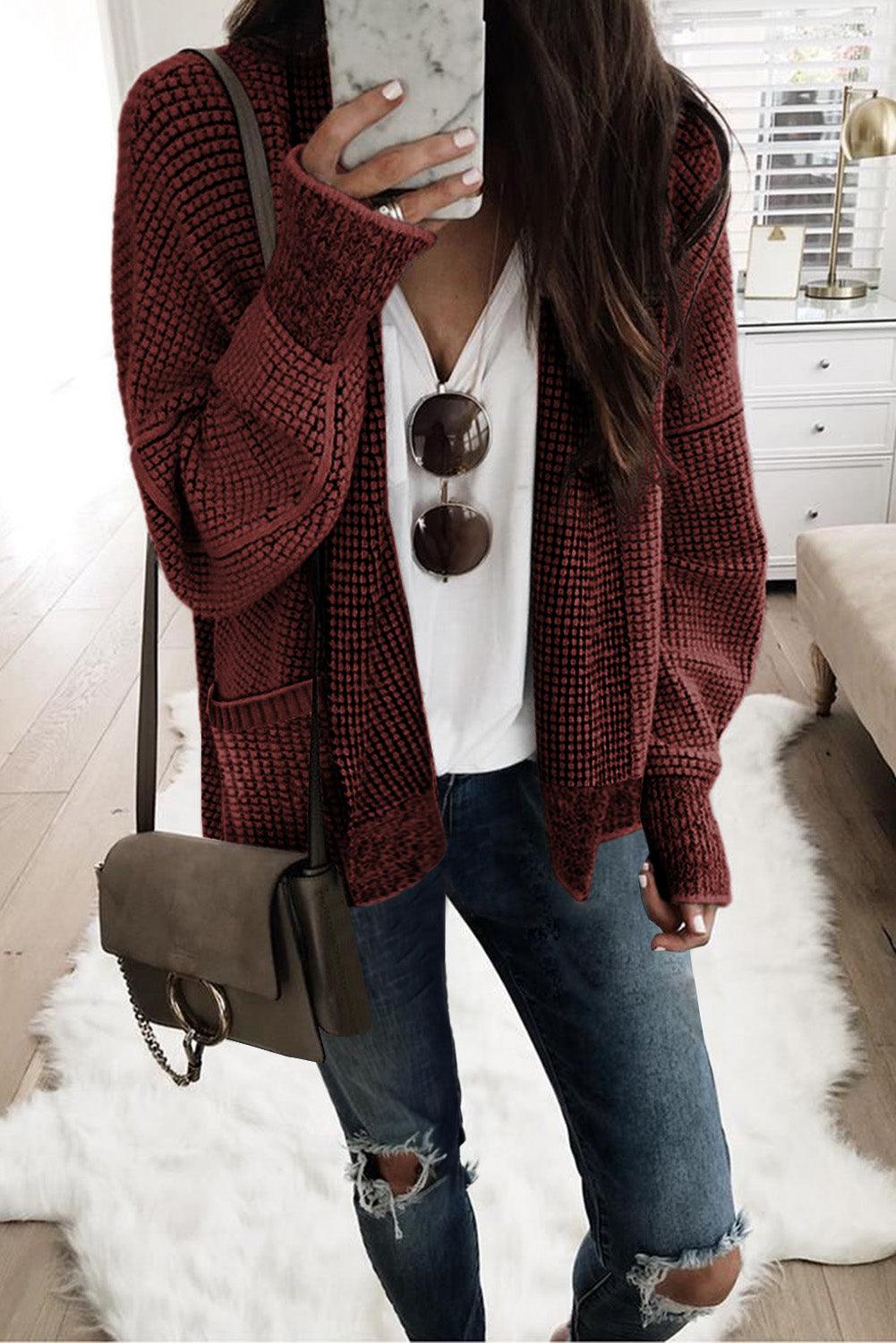 Red Chunky Waffle Knit Oversized Collar Cardigan - L & M Kee, LLC