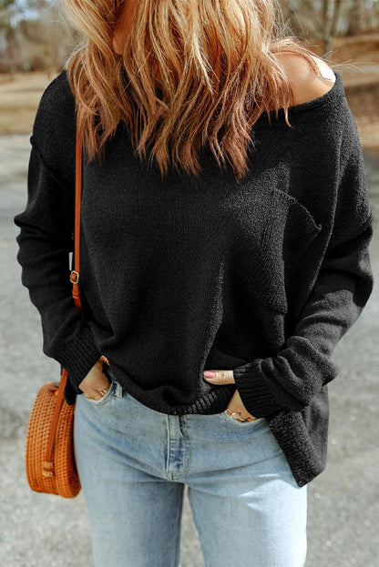 Black Solid Color Off Shoulder Rib Knit Sweater with Pocket - L & M Kee, LLC