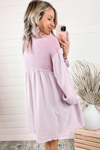 Pink Patchwork Crinkle Puff Sleeve Shirt Dress - L & M Kee, LLC