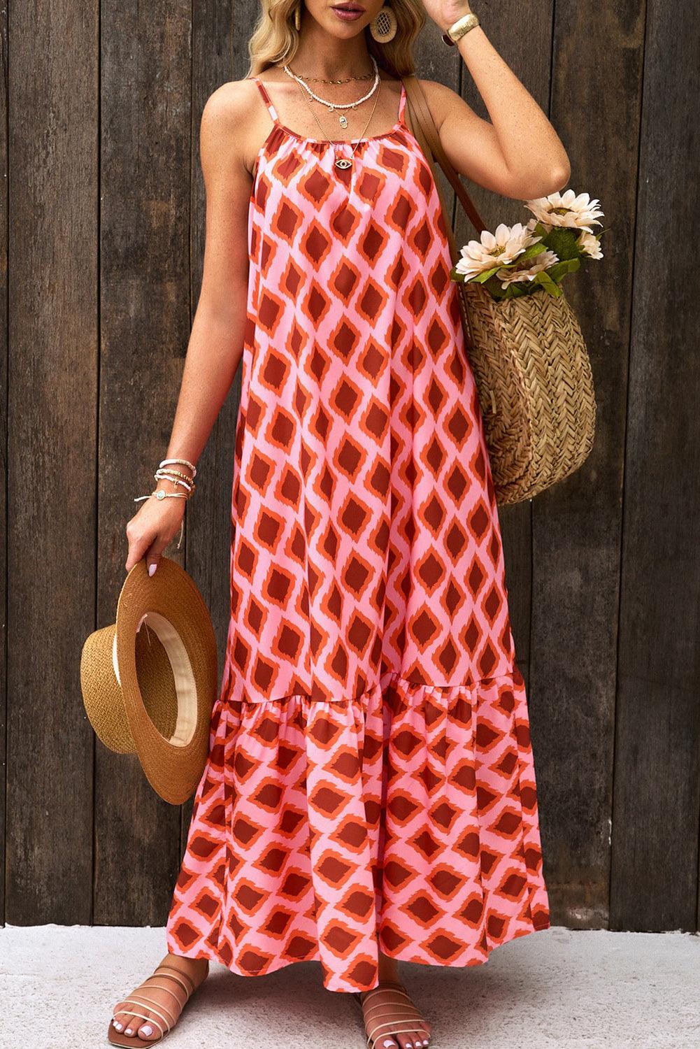 Geometric Print Loose Fit Sleeveless Maxi Dress - L & M Kee, LLC