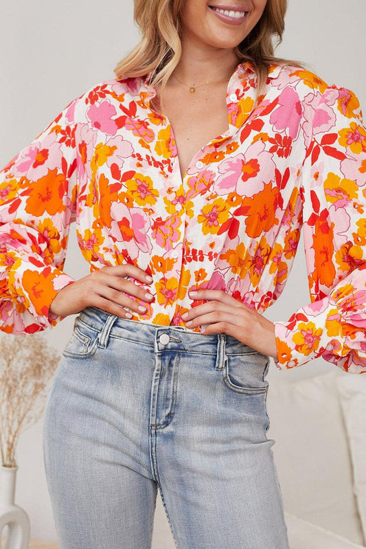 Orange Floral Bishop Sleeve Button Up Shirt - L & M Kee, LLC