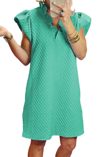 Sea Green Textured Puff Sleeve Ruffled V Neck Shift Mini Dress - L & M Kee, LLC