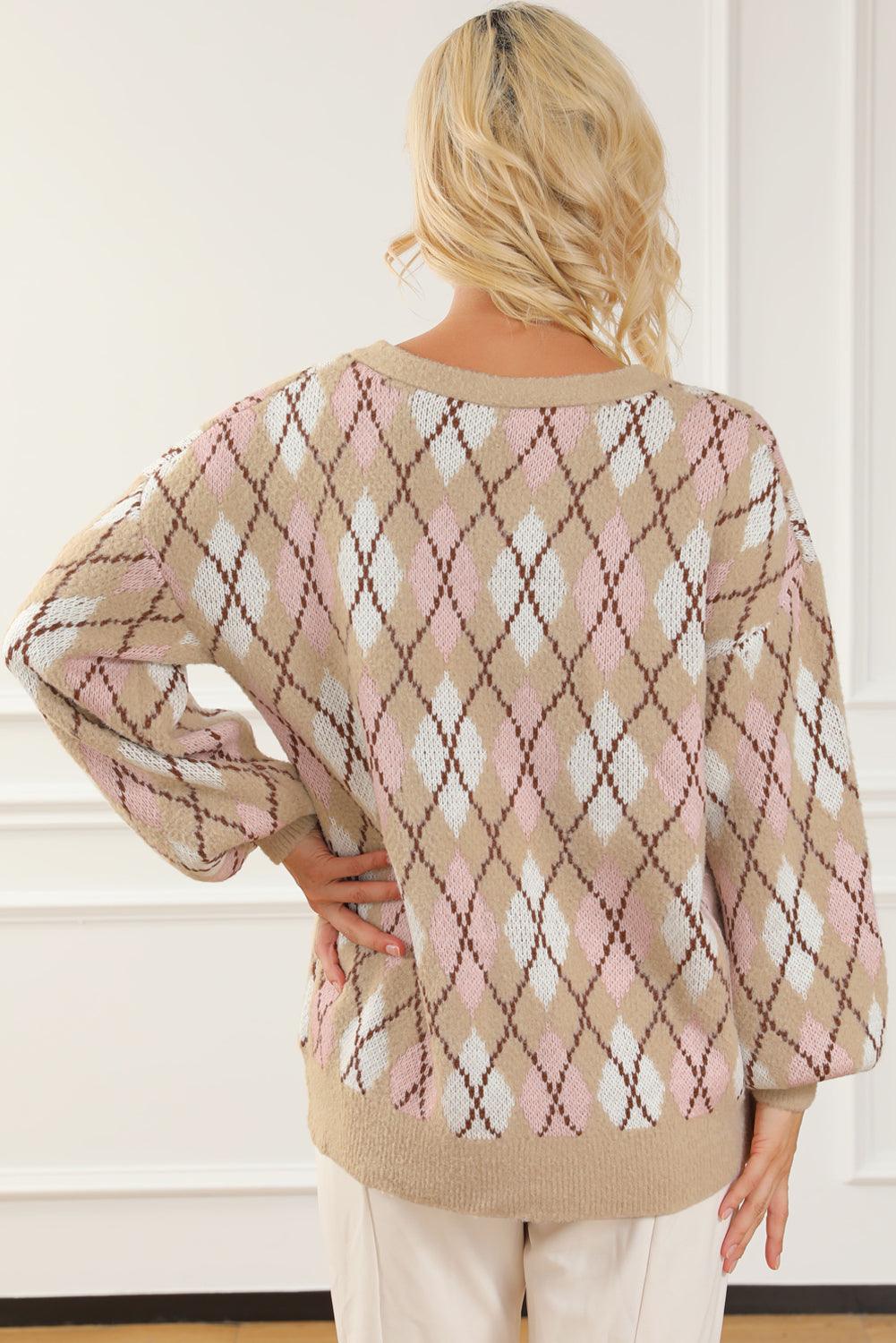 Multicolour Rhombus Pattern Knit Sweater Cardigan - L & M Kee, LLC