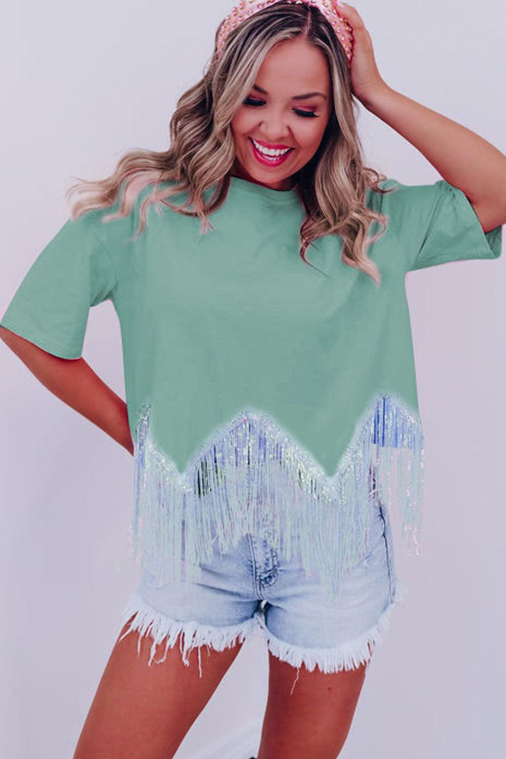 Moonlight Jade Fringed Sequin Crop T-shirt - L & M Kee, LLC