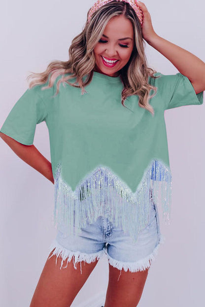 Pink Fringed Sequin Crop T-shirt - L & M Kee, LLC