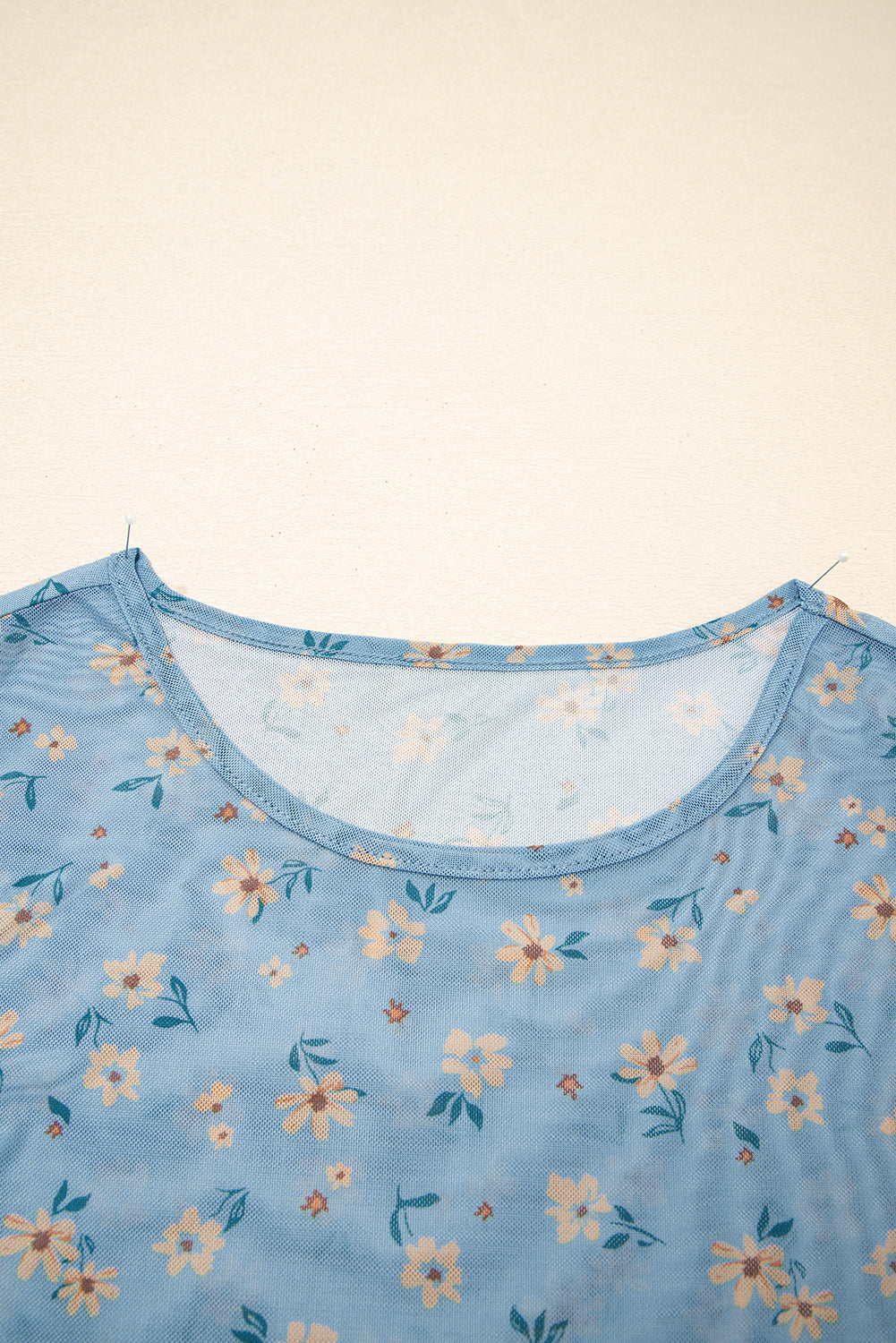 Sky Blue Vintage Floral Print Southern Style Mesh Long Sleeve Top