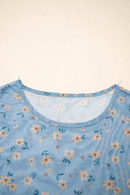 Sky Blue Vintage Floral Print Southern Style Mesh Long Sleeve Top