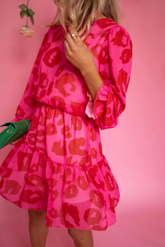 Rose Leopard Print Flounce Sleeve Ruffle Mini Dress - L & M Kee, LLC