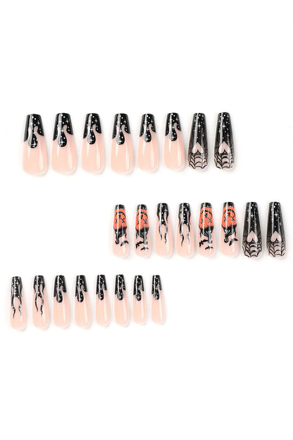 Black Halloween Pattern Long Coffin Shape False Nail Set