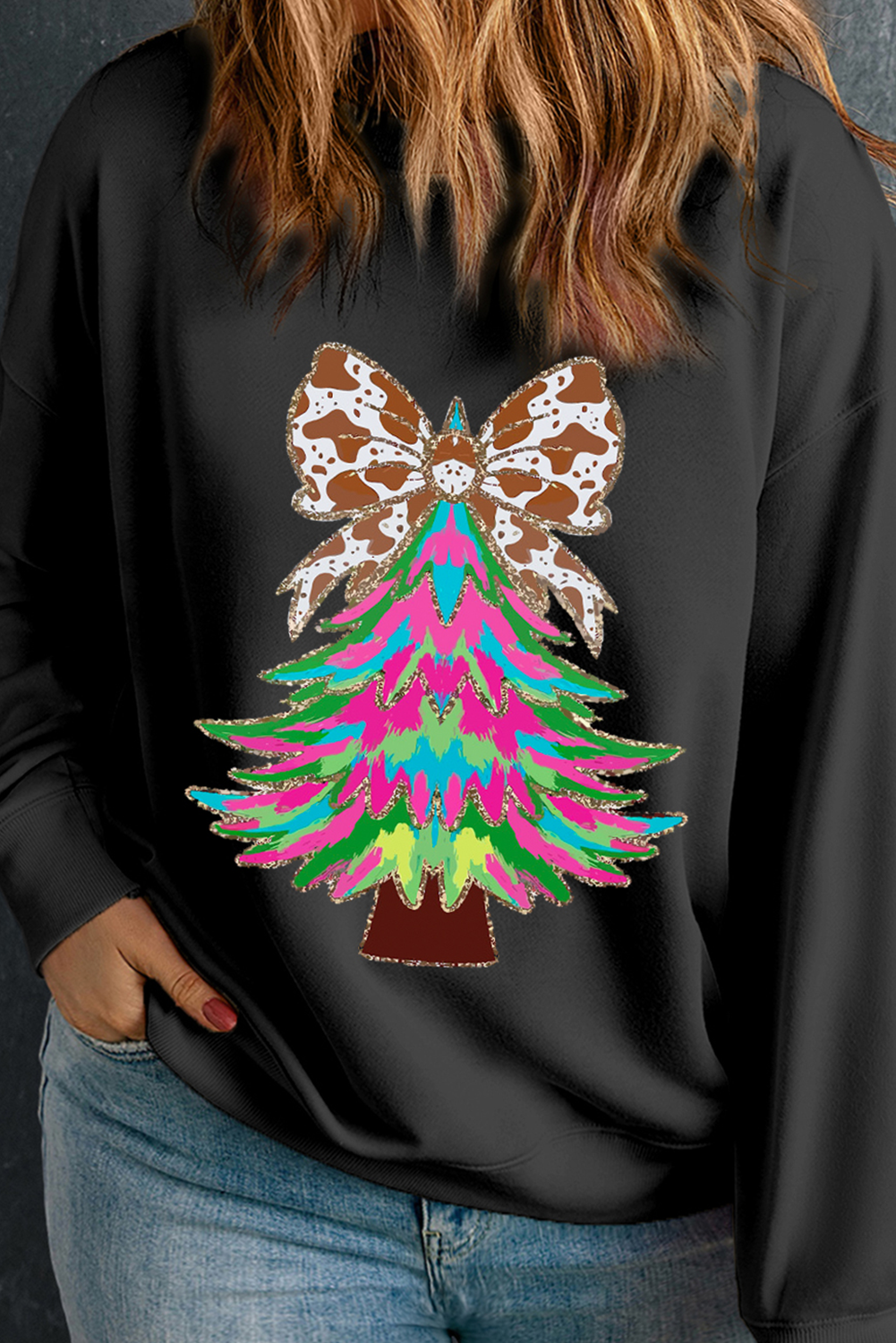 Black Bow Knot Christmas Tree Graphic Plus Size Sweatshirt