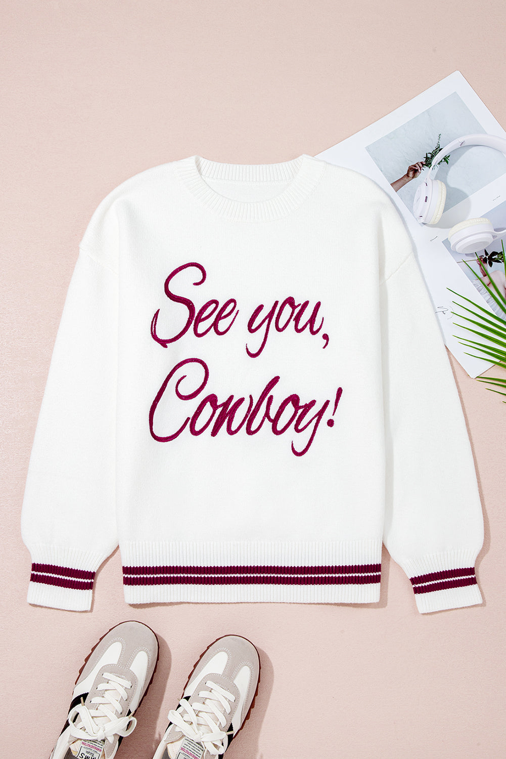 White See You Cowboy Embroidered Western Graphic Sweater