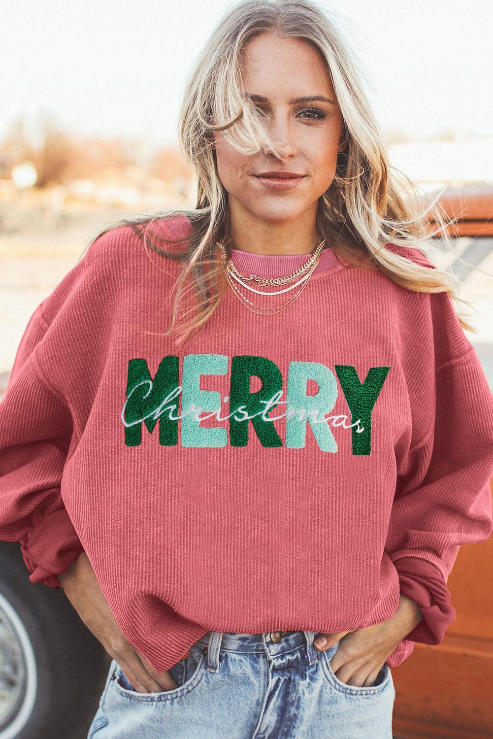 Strawberry Pink MERRY Christmas Corded Pullover Sweatshirt - L & M Kee, LLC