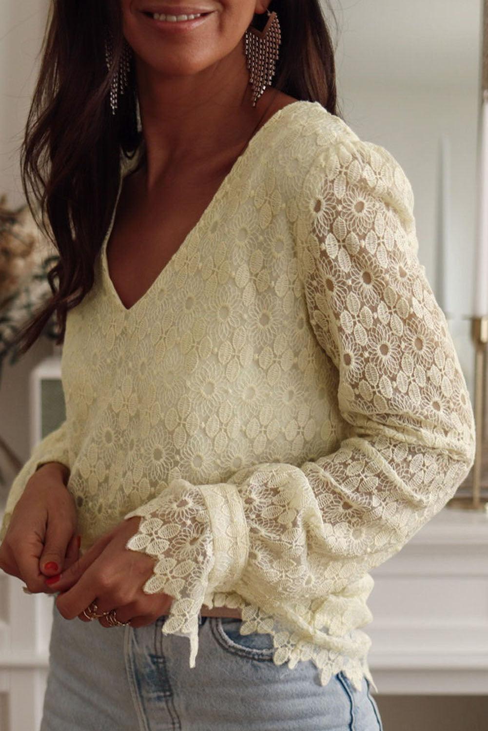 Beige Floret Lace V Neck Long Sleeve Blouse - L & M Kee, LLC