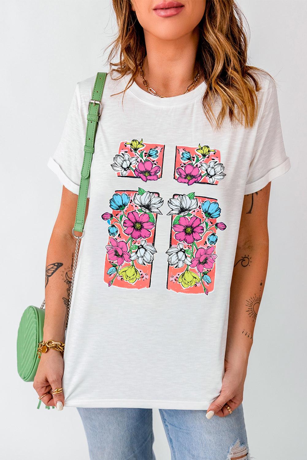 White Floral Crossed Graphic Easter Round Neck T Shirt - L & M Kee, LLC