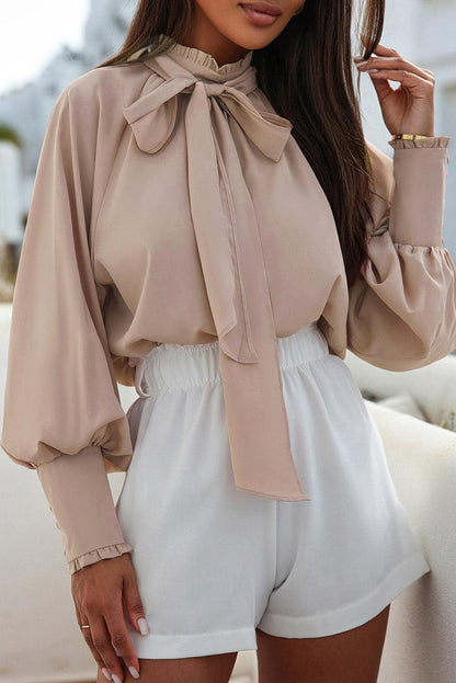 Pink Frilled Knotted Mock Neck Bishop Sleeve Blouse - L & M Kee, LLC