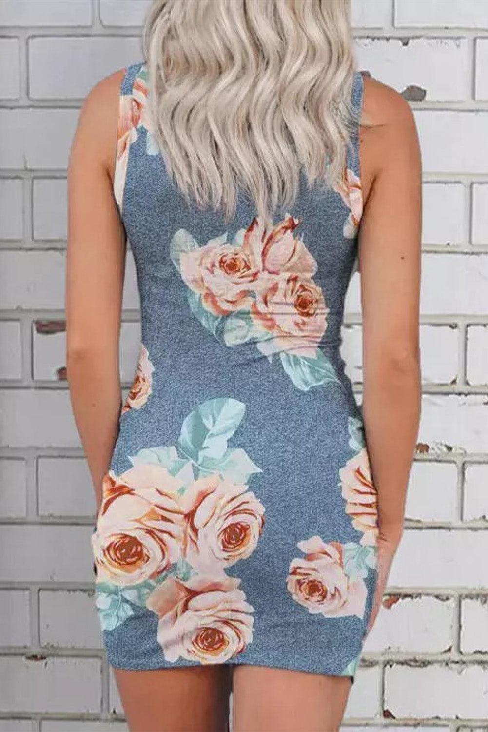 Gray Floral Print Hollow Out Wrap Tie Mini Dress - L & M Kee, LLC