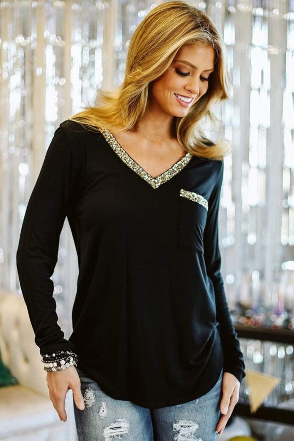 Black Glitter V Neck Chest Pocket Long Sleeve Top - L & M Kee, LLC