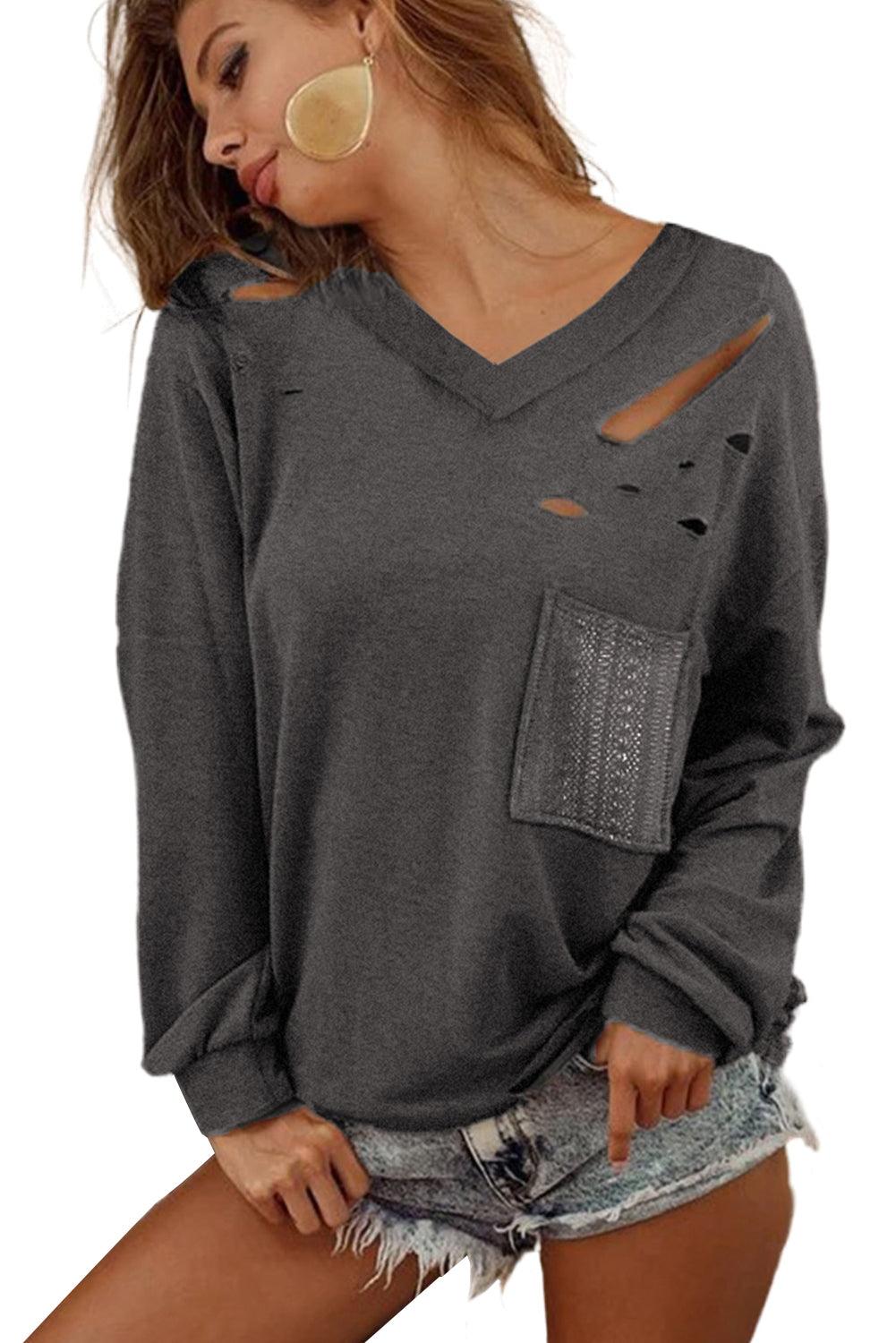 Gray Distressed V Neck Patch Pocket Long Sleeve Top - L & M Kee, LLC