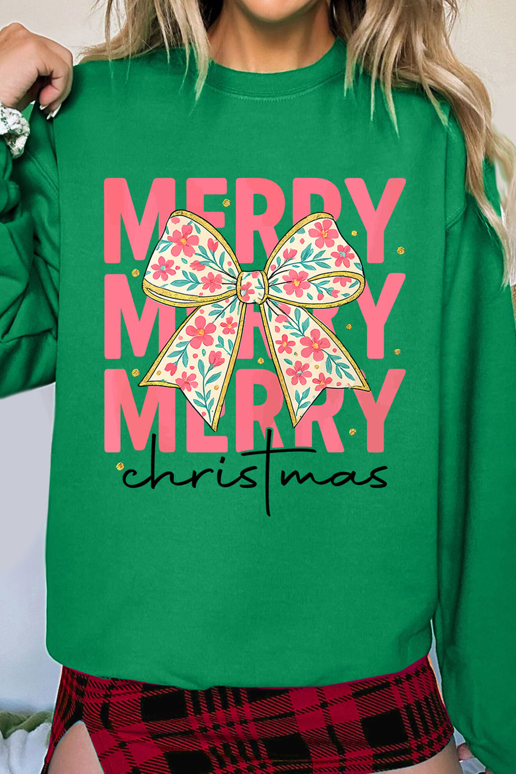 Dark Green MERRY Christmas Floral Bow Graphic Drop Shoulder Sweatshirt
