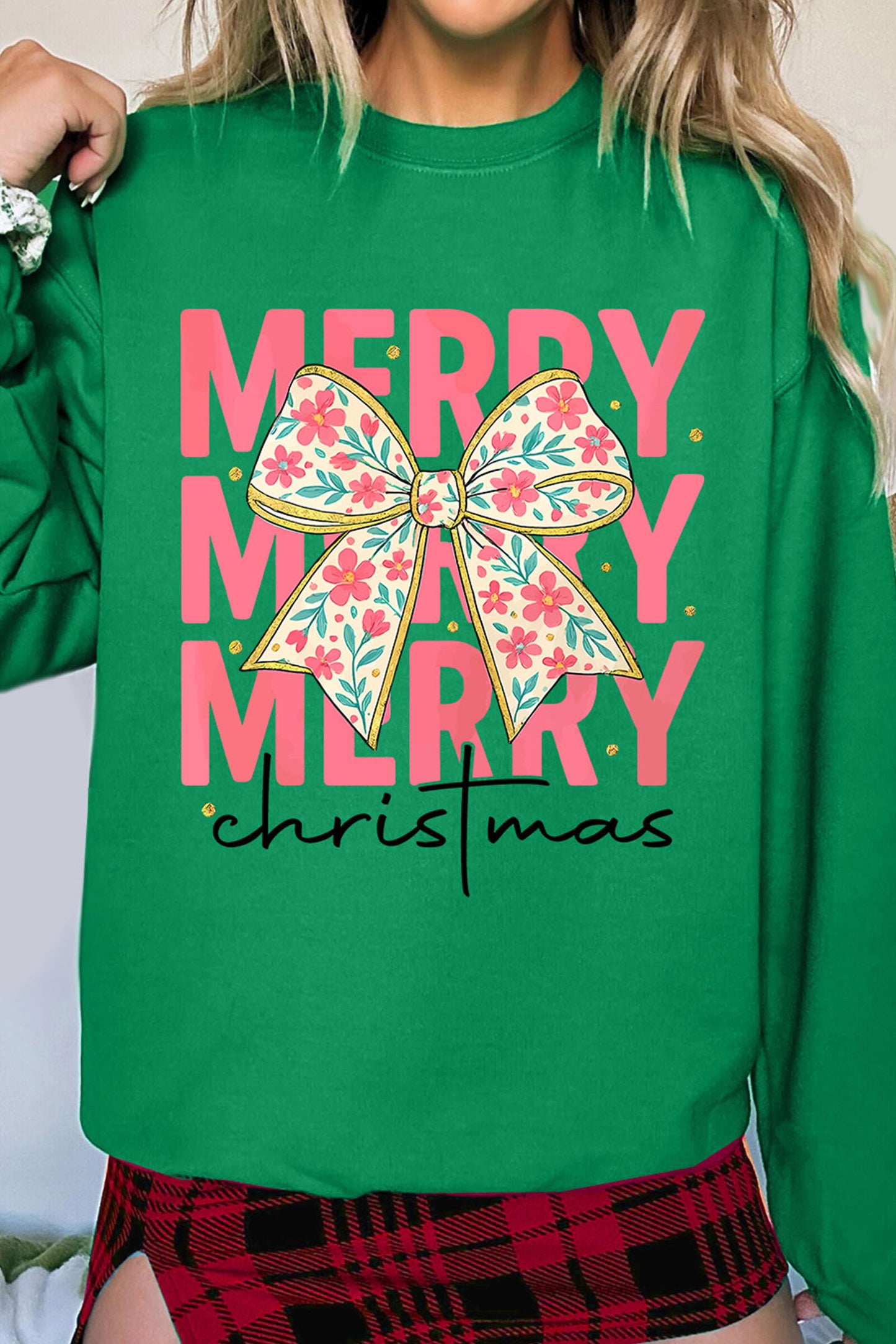 Dark Green MERRY Christmas Floral Bow Graphic Drop Shoulder Sweatshirt