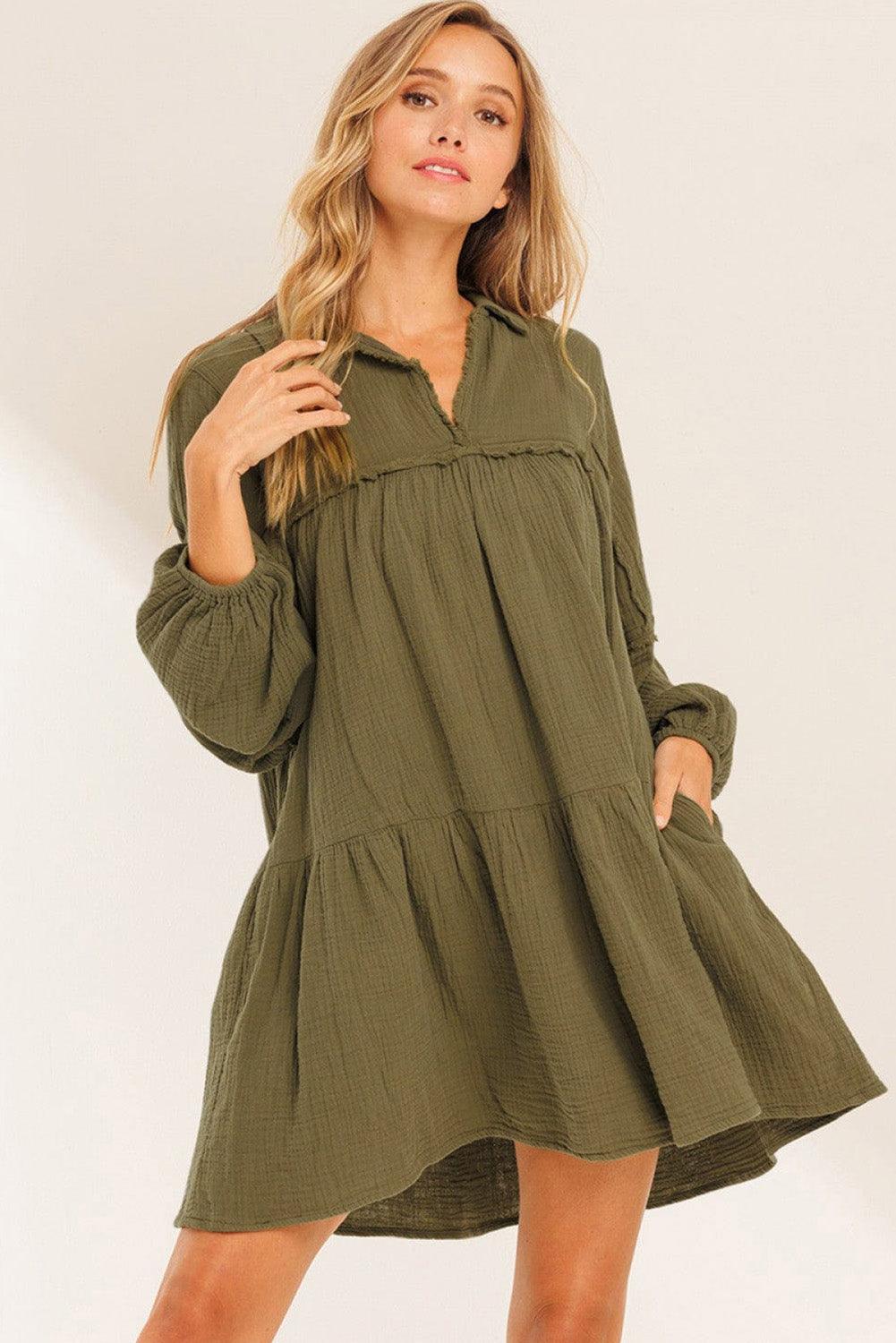 Green Frayed Trim Split Neck Puff Sleeve Flared Dress - L & M Kee, LLC