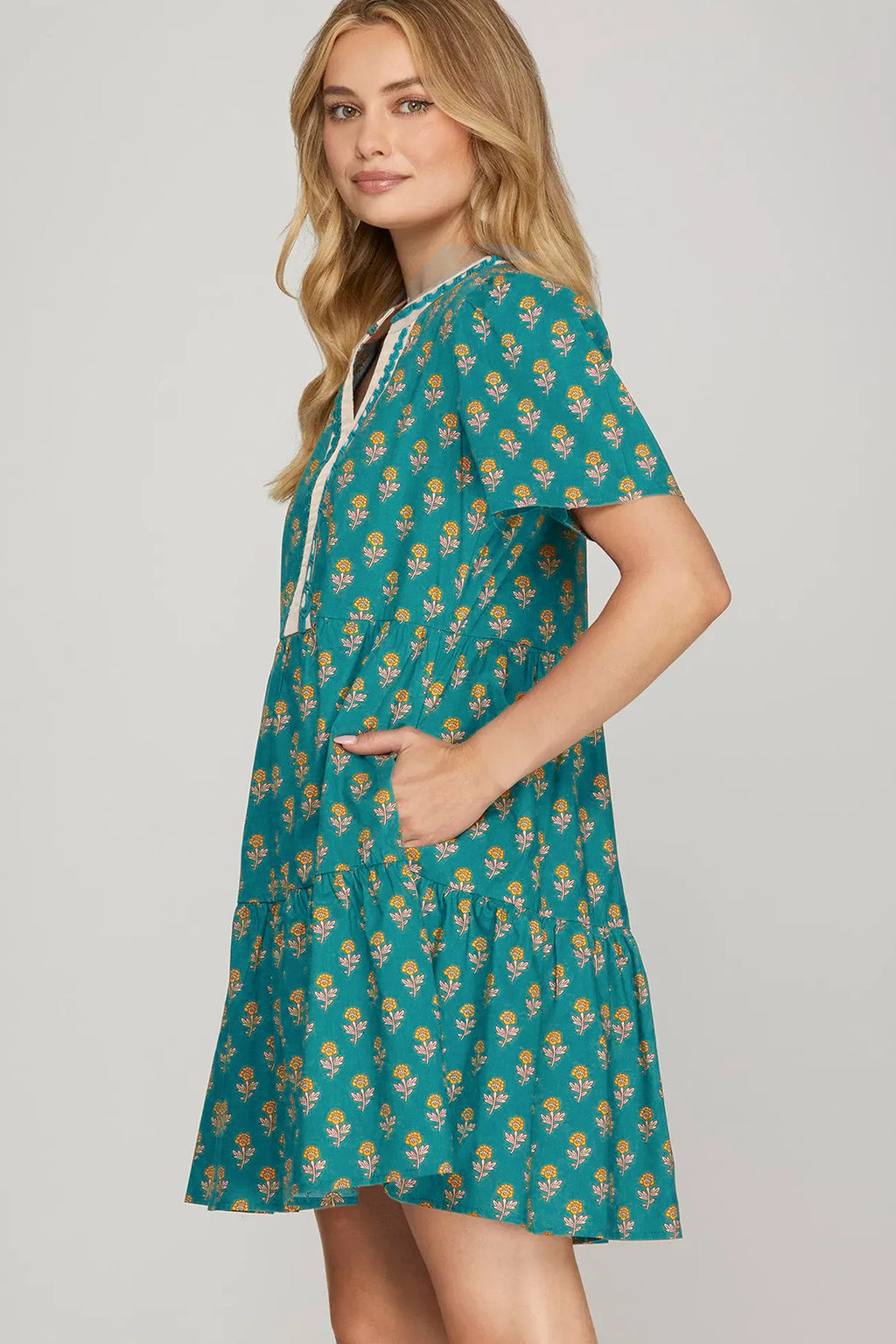 Green Contrast Trim V Neck Short Sleeve Floral Dress