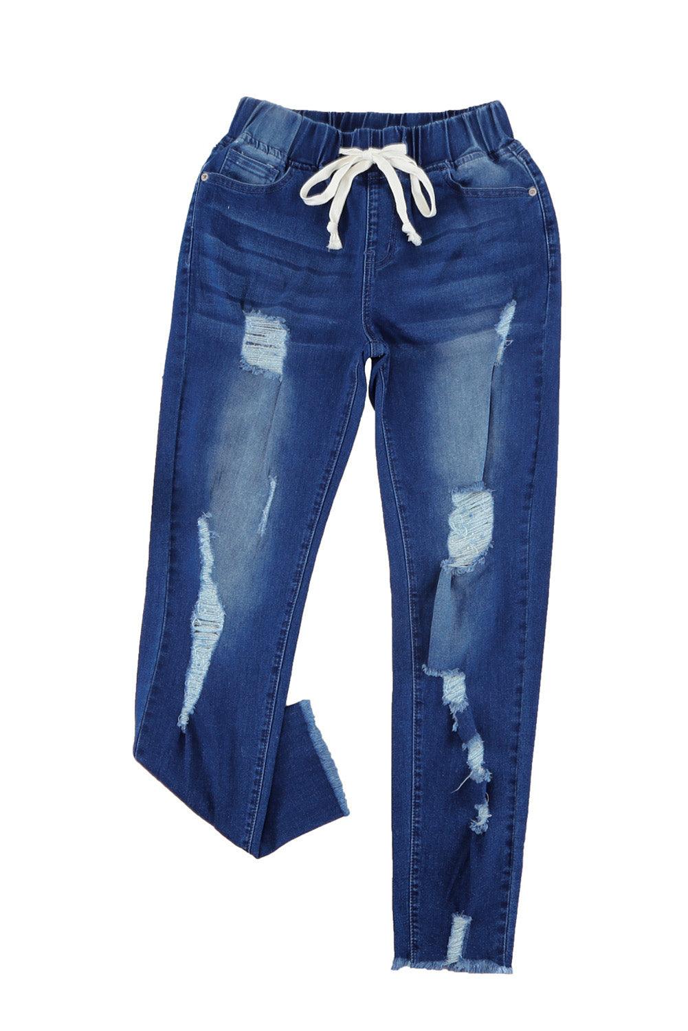 Blank Apparel - Blue Drawstring Elastic Waist Hole Ripped Jeans - L & M Kee, LLC