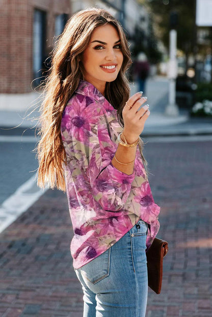 Floral Print Button Up Puff Sleeve Shirt - L & M Kee, LLC