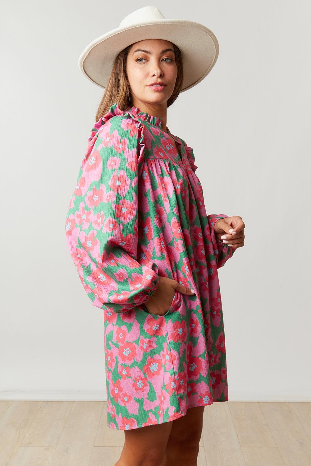 Pink Split V Neck Bubble Sleeve Loose Floral Dress - L & M Kee, LLC